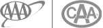 The image shows two circular logos. The left logo has the letters "AAA" with an orbiting swoosh; the right logo has the letters "CAA".
