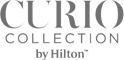 The image is the logo of "Curio Collection by Hilton," featuring stylized text in a vertical arrangement.