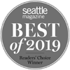 A gray circular badge from Seattle Magazine reads "Best of 2019 Readers' Choice Winner."